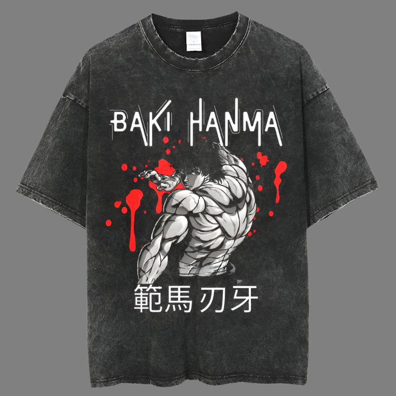 Grappler Baki Kyokudai Taikai Anime T-shirt Harajuku Streetwear Creative Printing Short Sleeve Vintage Washed Tees Mens Clothing