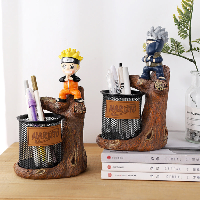 Anime cartoon character resin ornaments desktop storage pen holder creative student gift metal grid pen holder