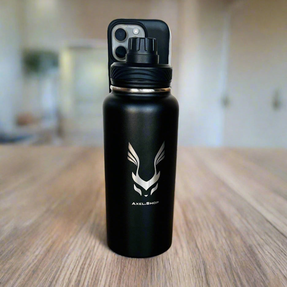Black water bottle with a logo on a wooden surface