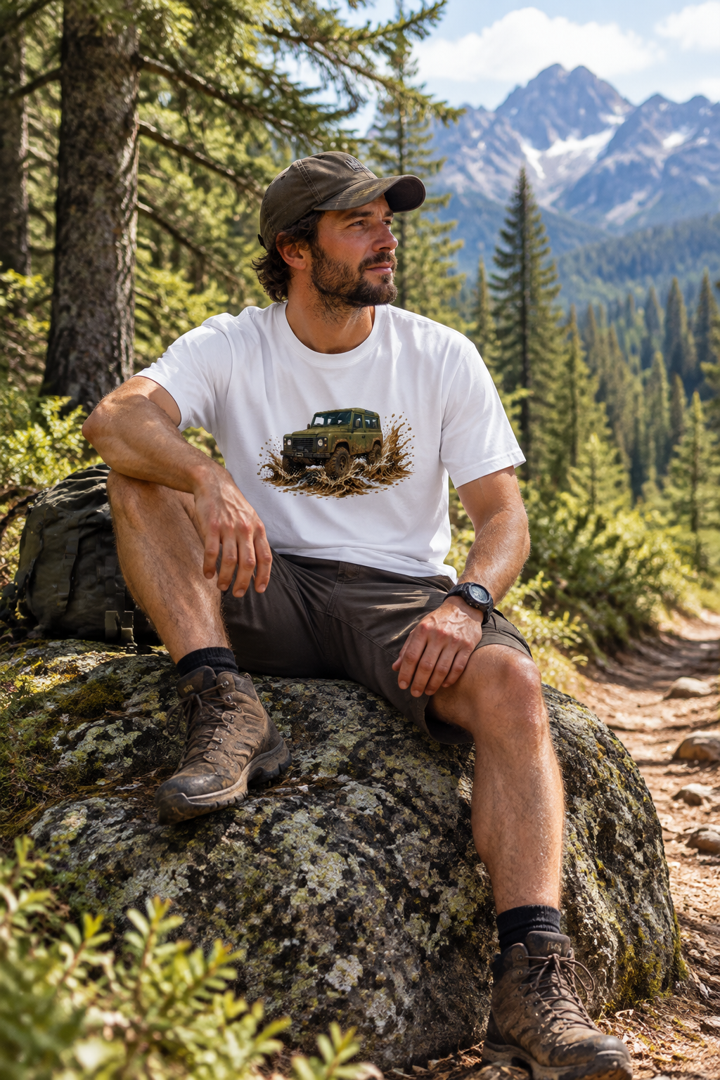 Man resting on a boulder in the forest with mountains in the distance wearing the tee