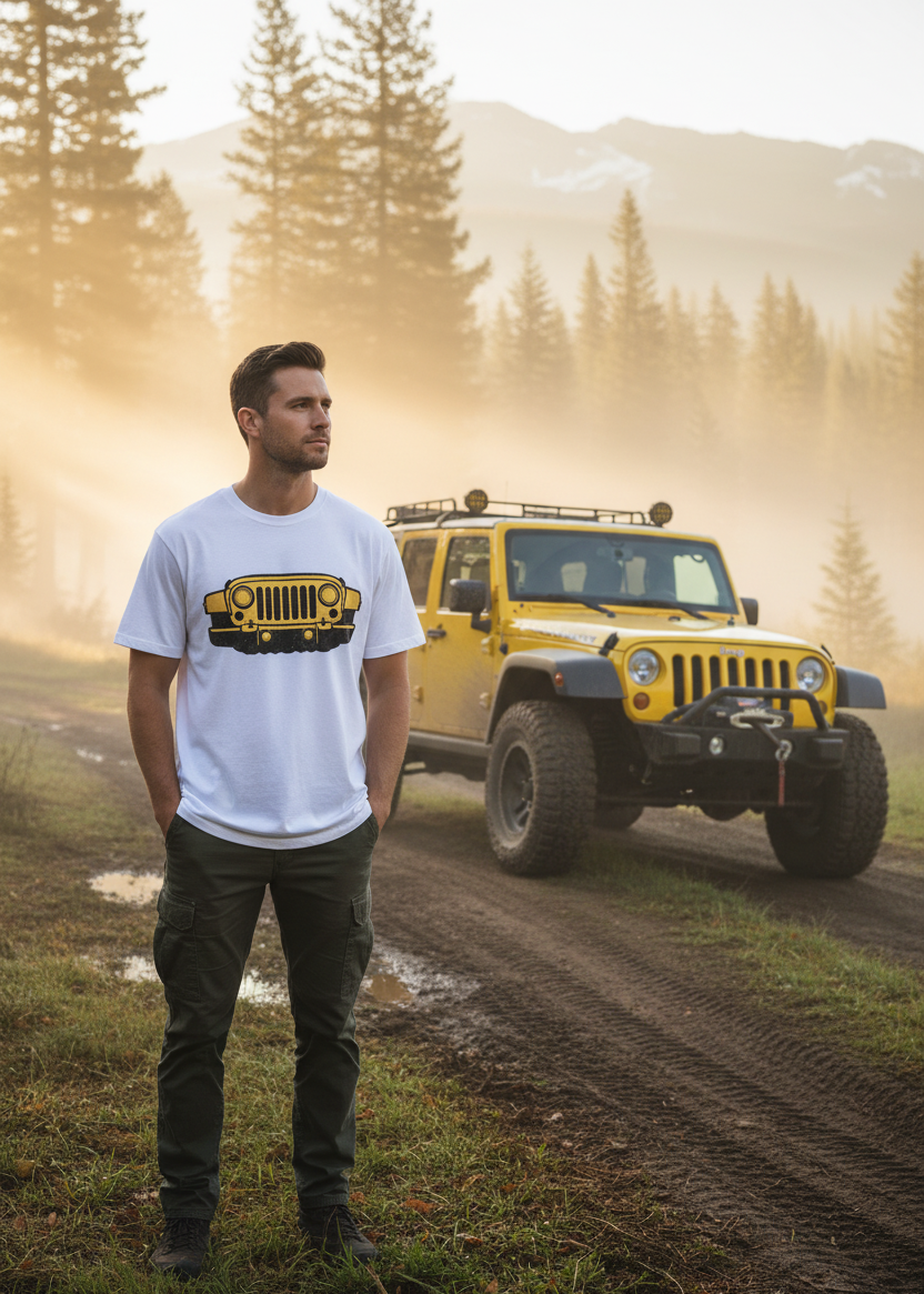 Model at forest clearing with Jeep