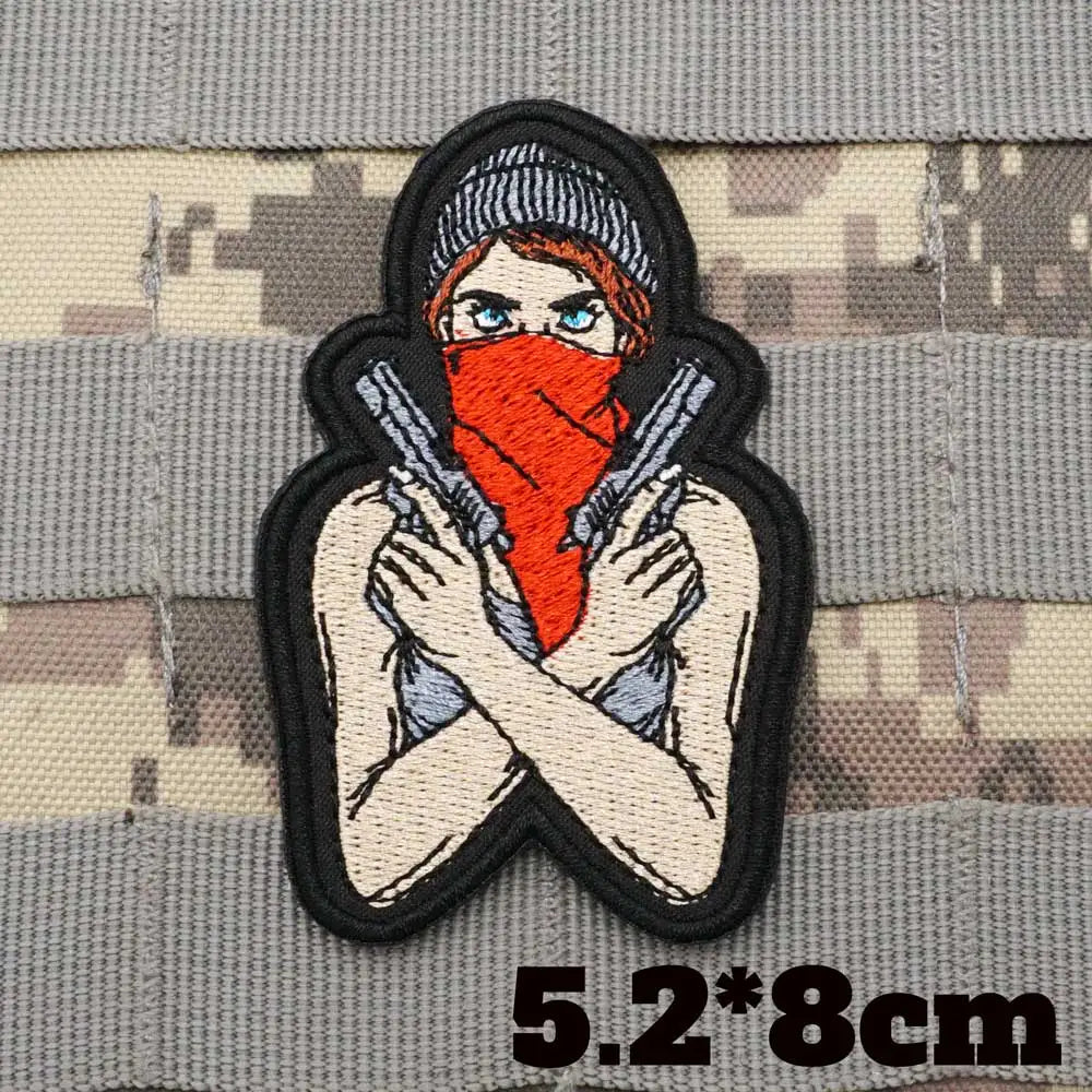 Bad Girl With Gun Military Tactical Embroidered Patches Armband Backpack Badge with Hook Backing for Clothing