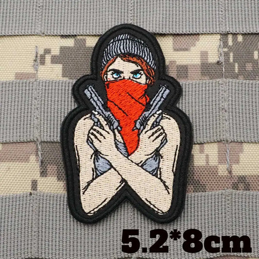 Bad Girl With Gun Military Tactical Embroidered Patches Armband Backpack Badge with Hook Backing for Clothing