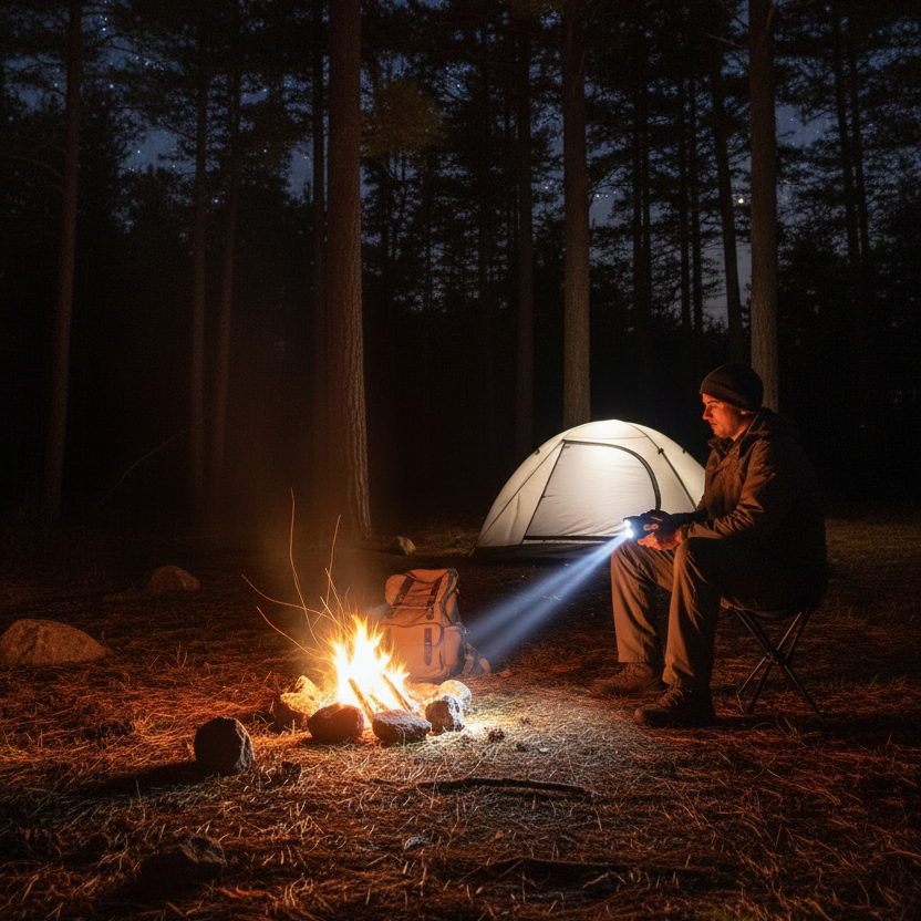 Camper with Flashlight on Trail