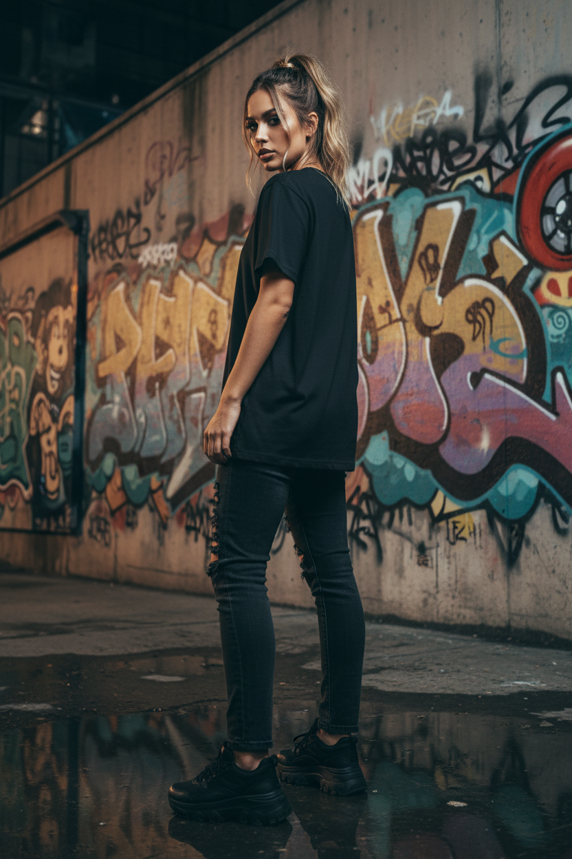 Female model back turn black tee streetwear