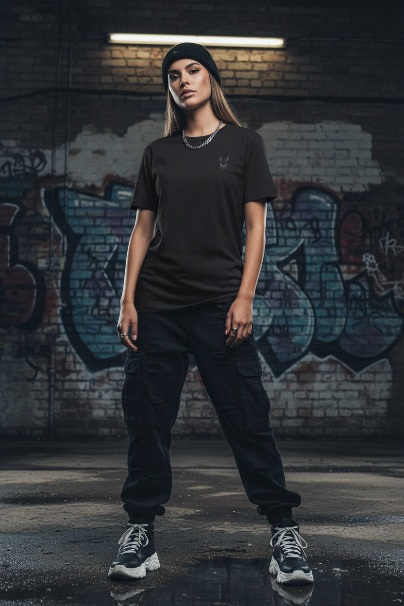 Female model front black tee streetwear