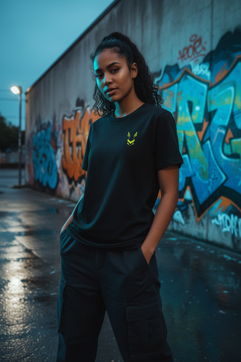 Female model front neon green fox black tee