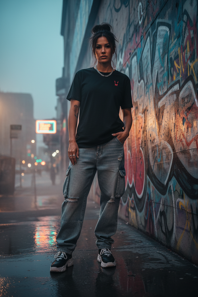 Female model front pink fox black tee