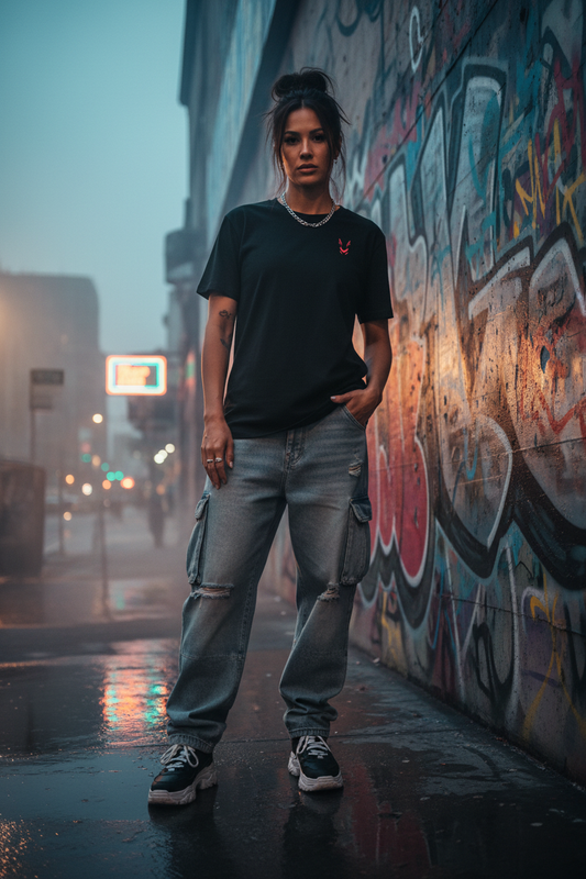 Female model front pink fox black tee