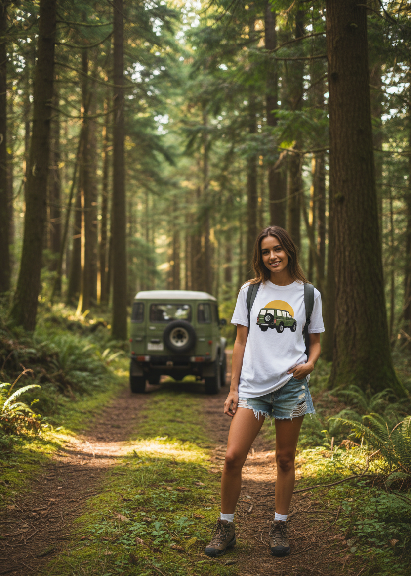 Female model in forest with retro 4x4