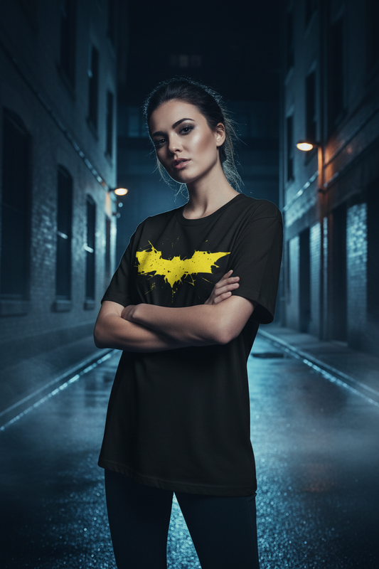 Female model wearing the oversized Batman B T-shirt in a noir alley