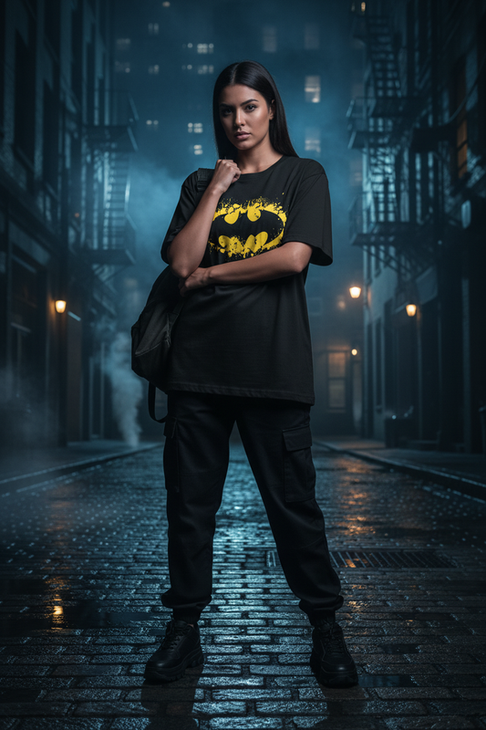 Female model wearing the oversized Batman T-shirt in a dark city alley