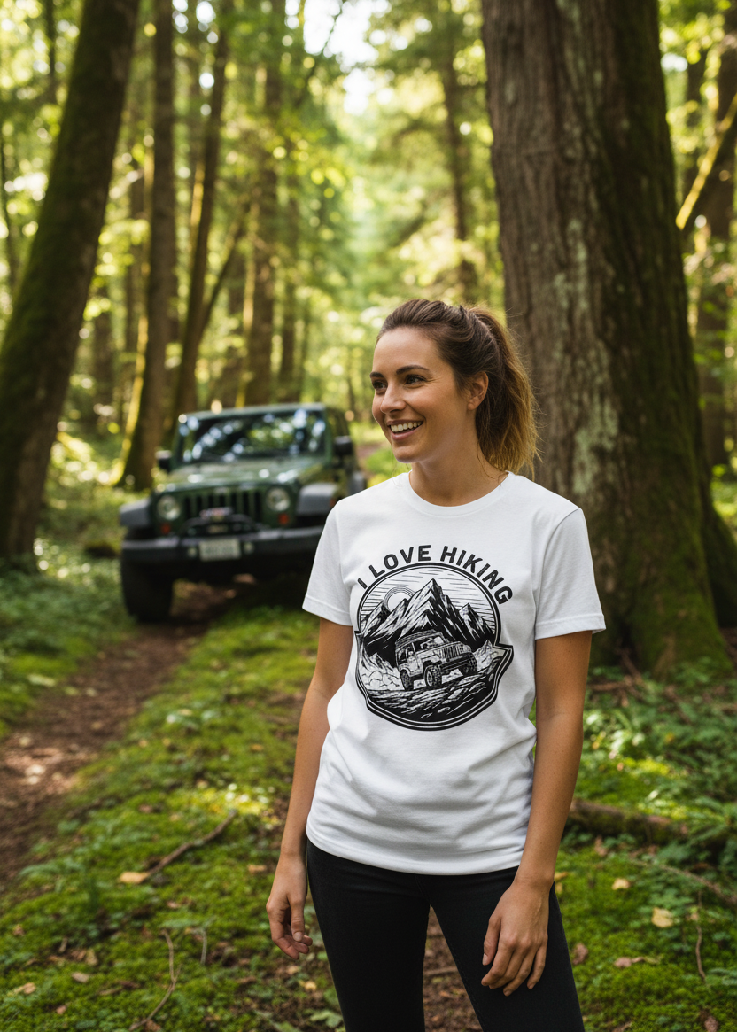 Female model with JEEP HIKING B&W tee