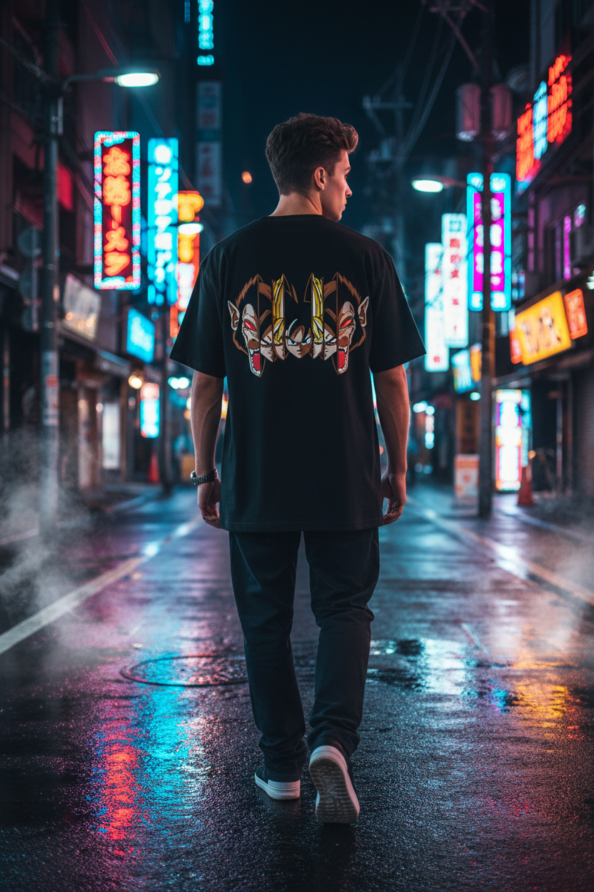 Goku Multiface Tee – Back View Neon Tokyo