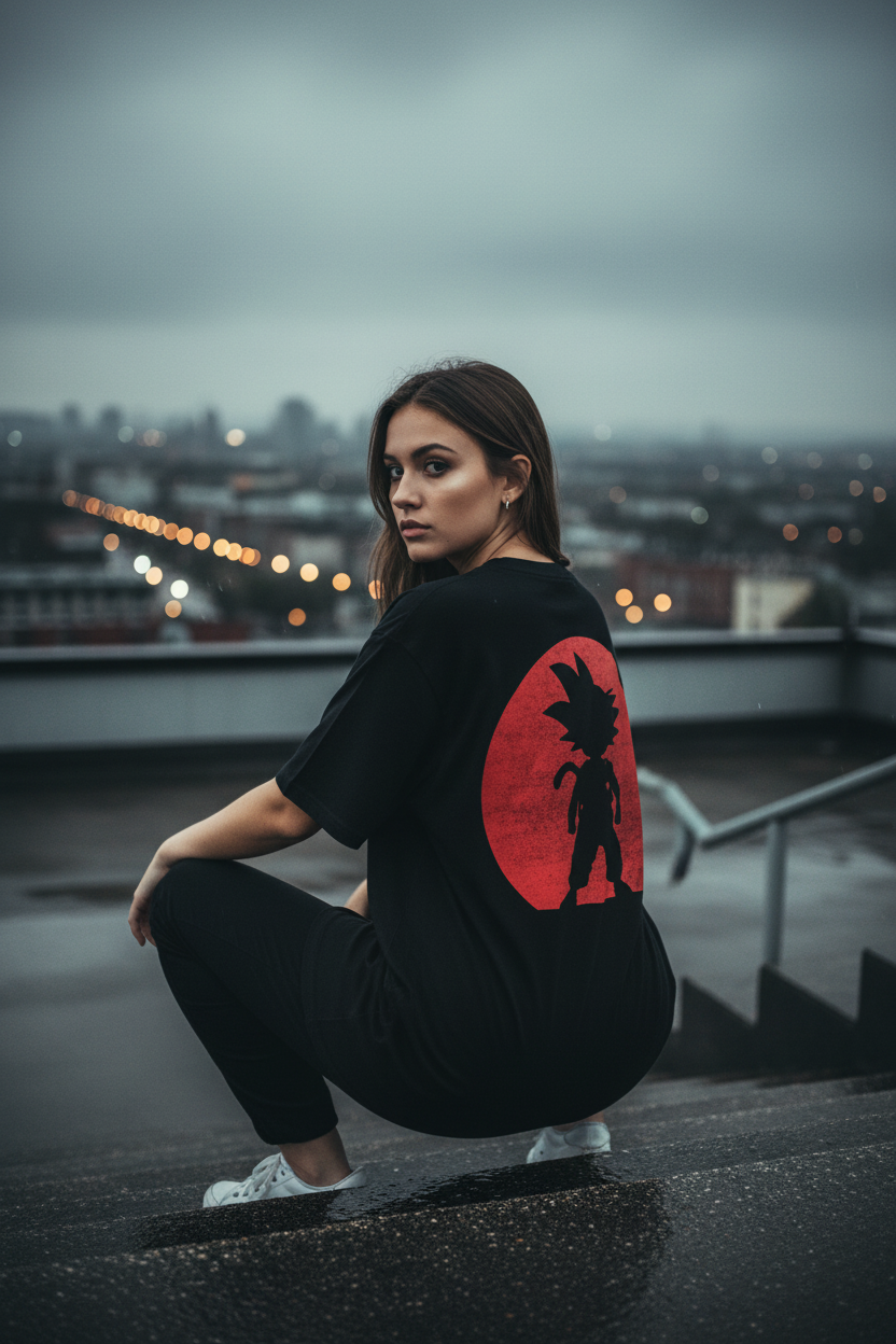 Goku Red Moon Tee – Female Model