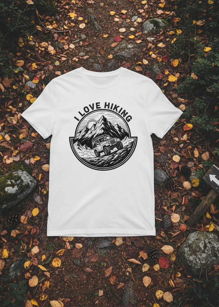 JEEP HIKING B&W tee on hiking trail