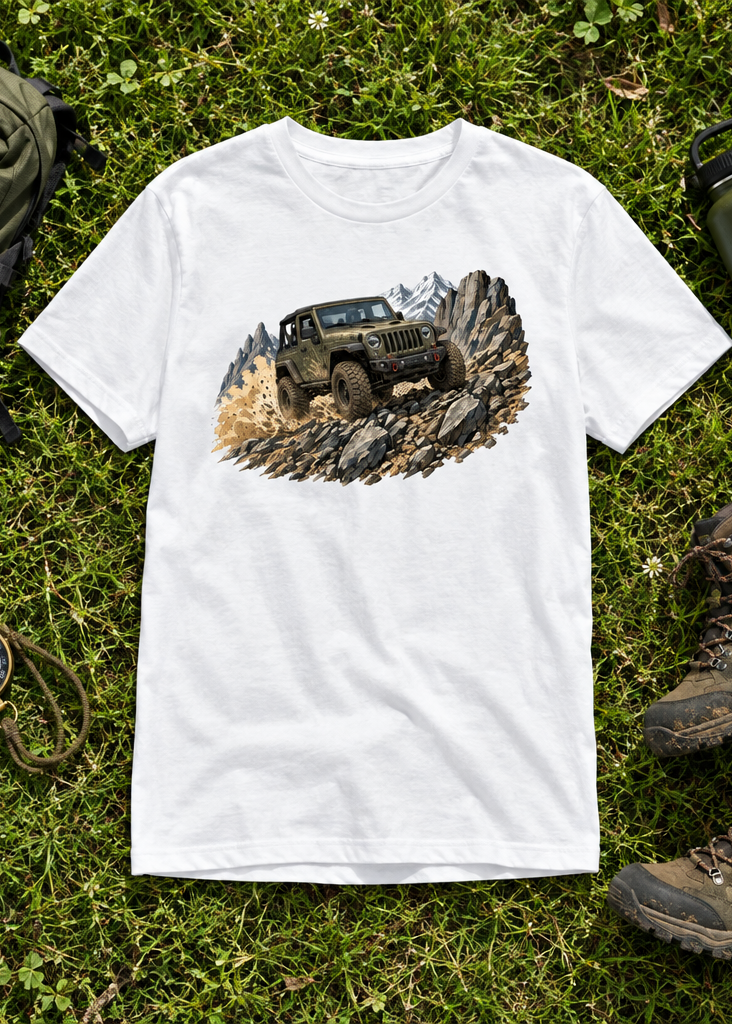Jeep tee laid on green grass with hiking accessories around it
