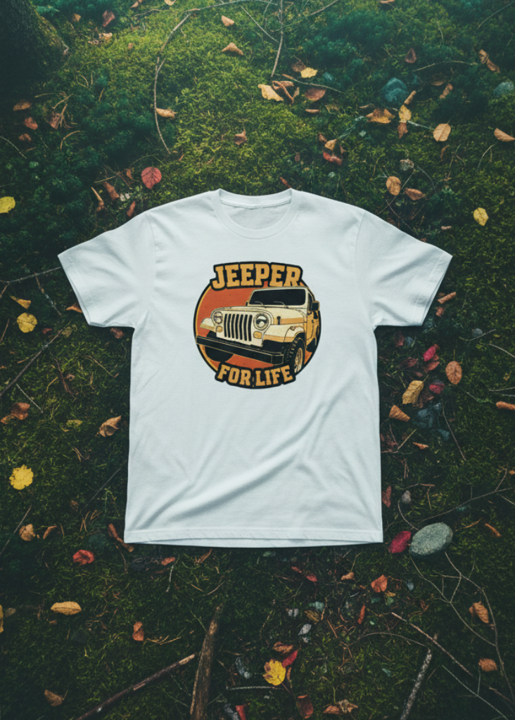 JEEPER FOR LIFE tee on forest floor