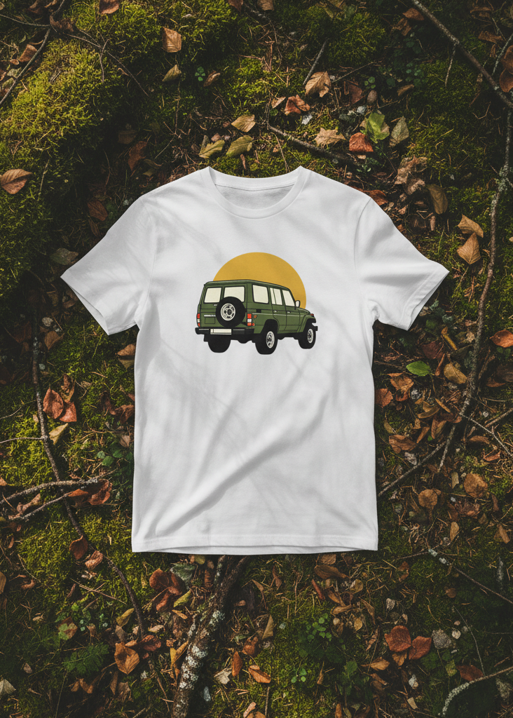 LAND OFFROAD tee flat lay in the woods