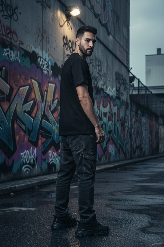 Male model back turn black tee streetwear