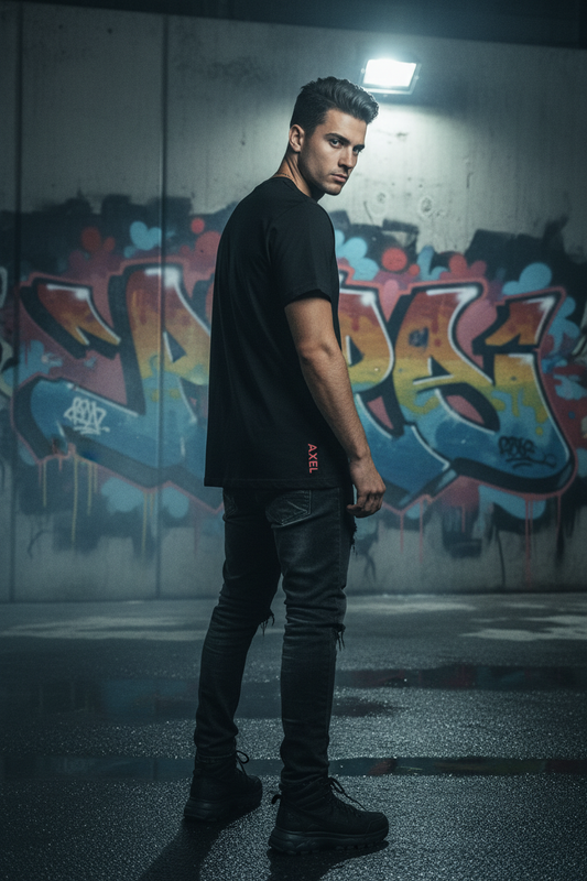 Male model back turn pink AXEL text
