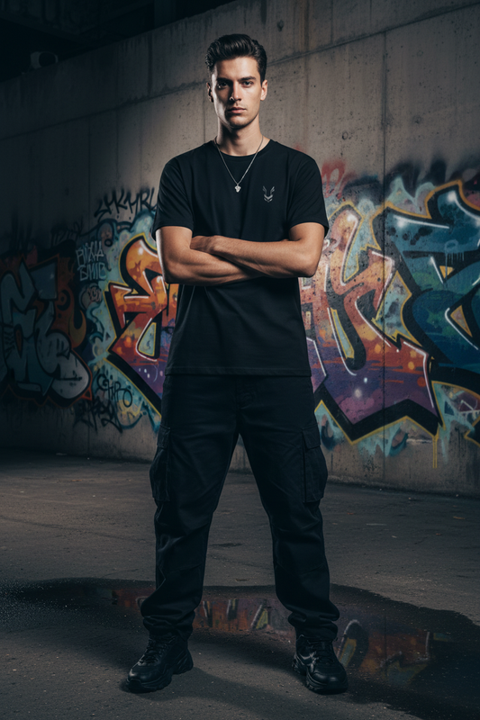 Male model front black tee streetwear
