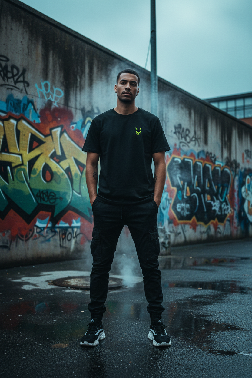 Male model front neon green fox black tee