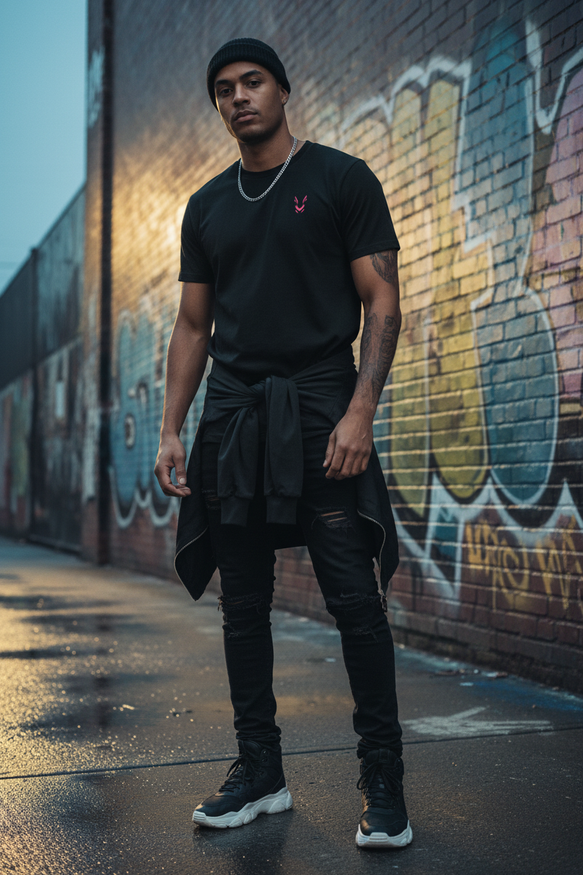 Male model front view pink fox black tee
