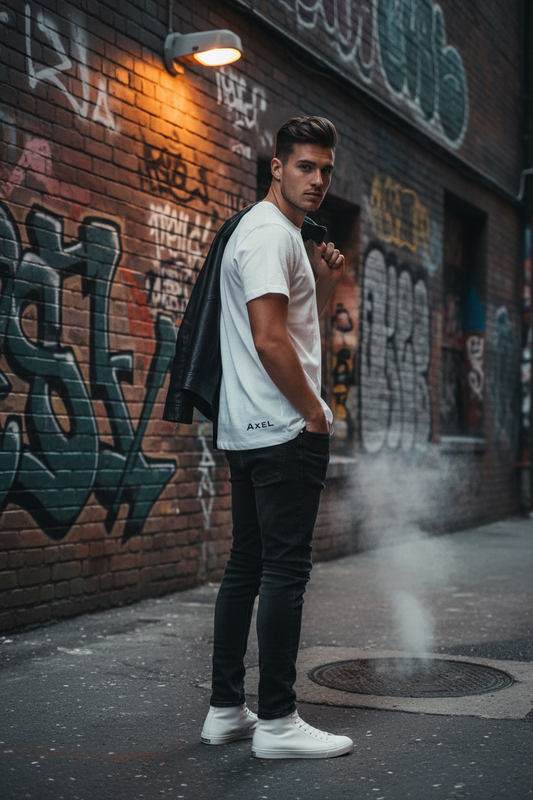 Male model side turn back view streetwear
