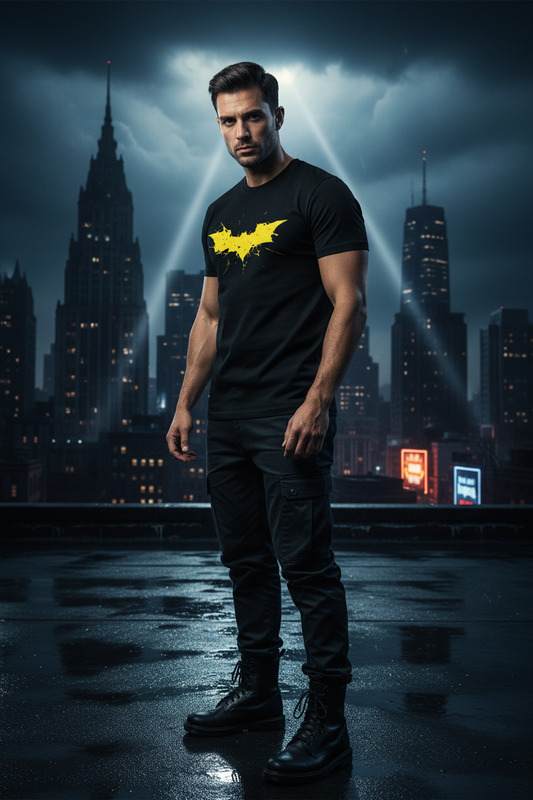 Male model wearing the Batman B T-shirt on a rainy rooftop