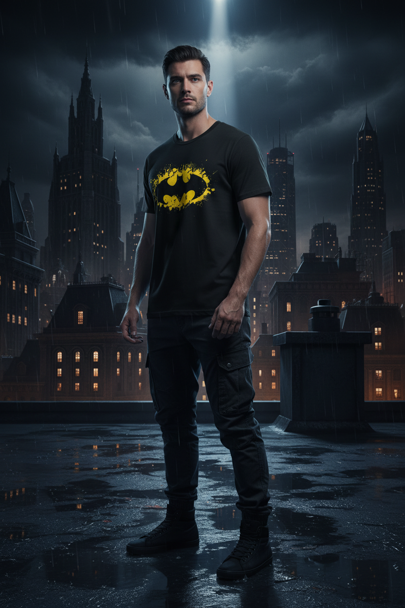 Male model wearing the Batman T-shirt on a cinematic rooftop
