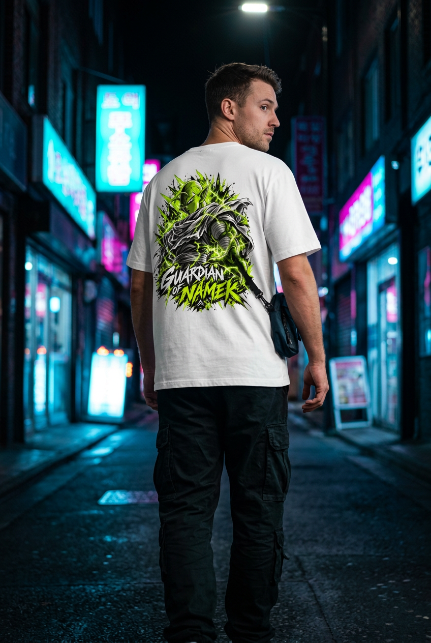 Man, back view with dark neon street background