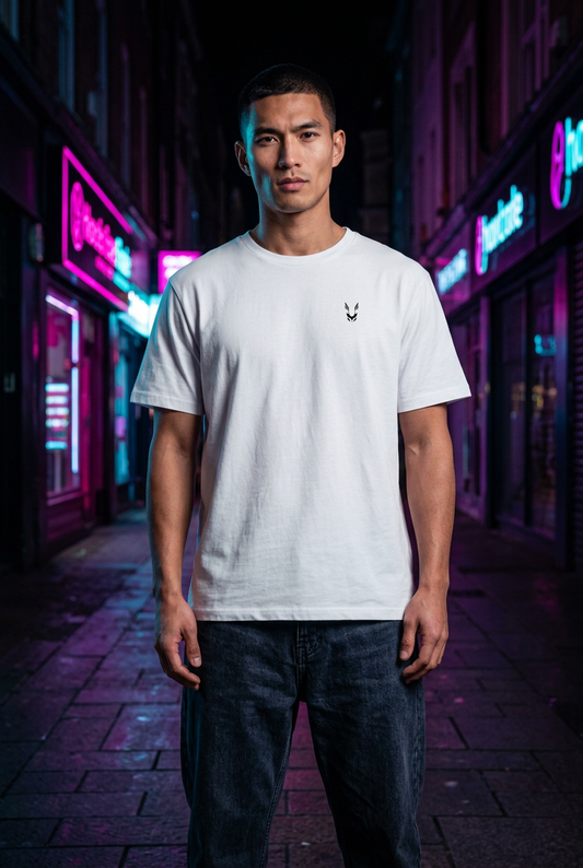 Man, front view with dark neon street background