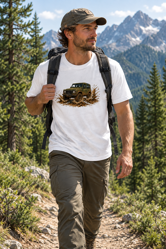 Man hiking a forest trail with mountains behind him wearing the tee