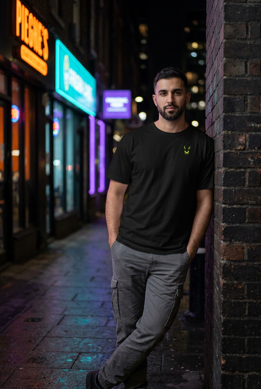 Man leaning against wall, front view