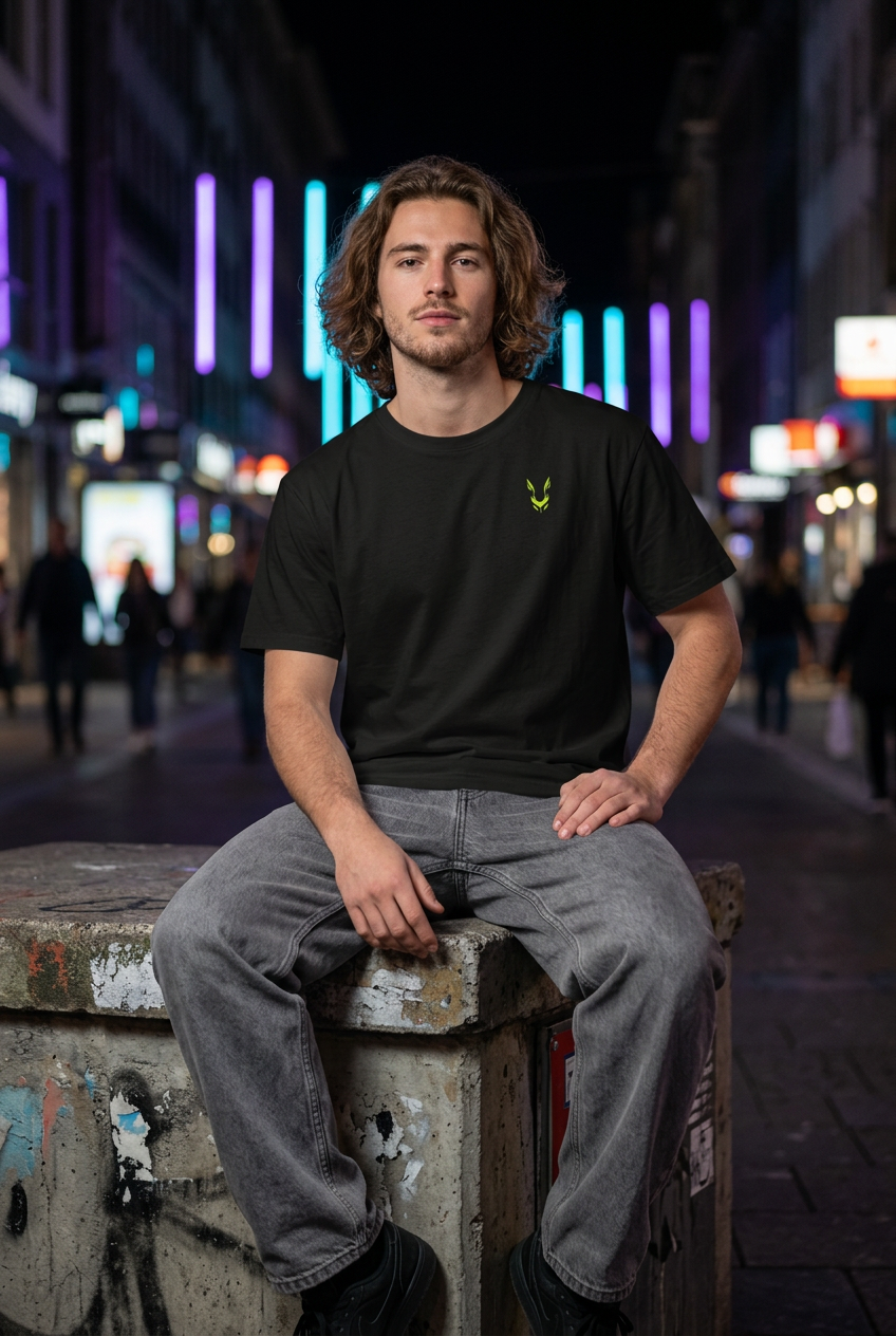 Man seated, front view in neon street