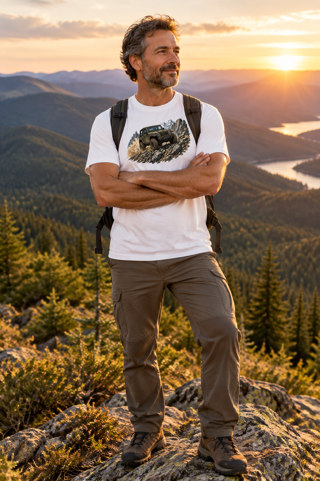 Man standing on a mountain ridge with a valley view, arms crossed