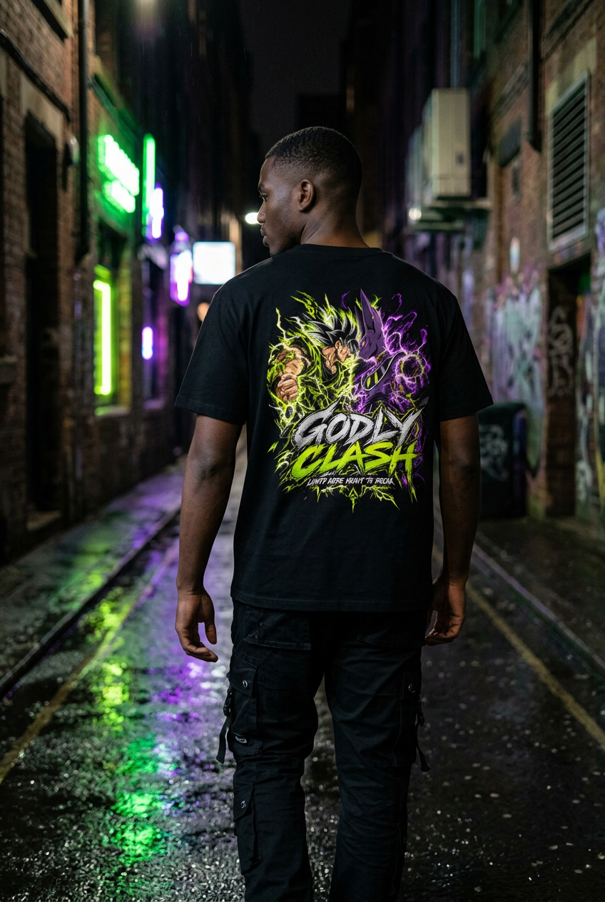 Man walking, back design in neon street