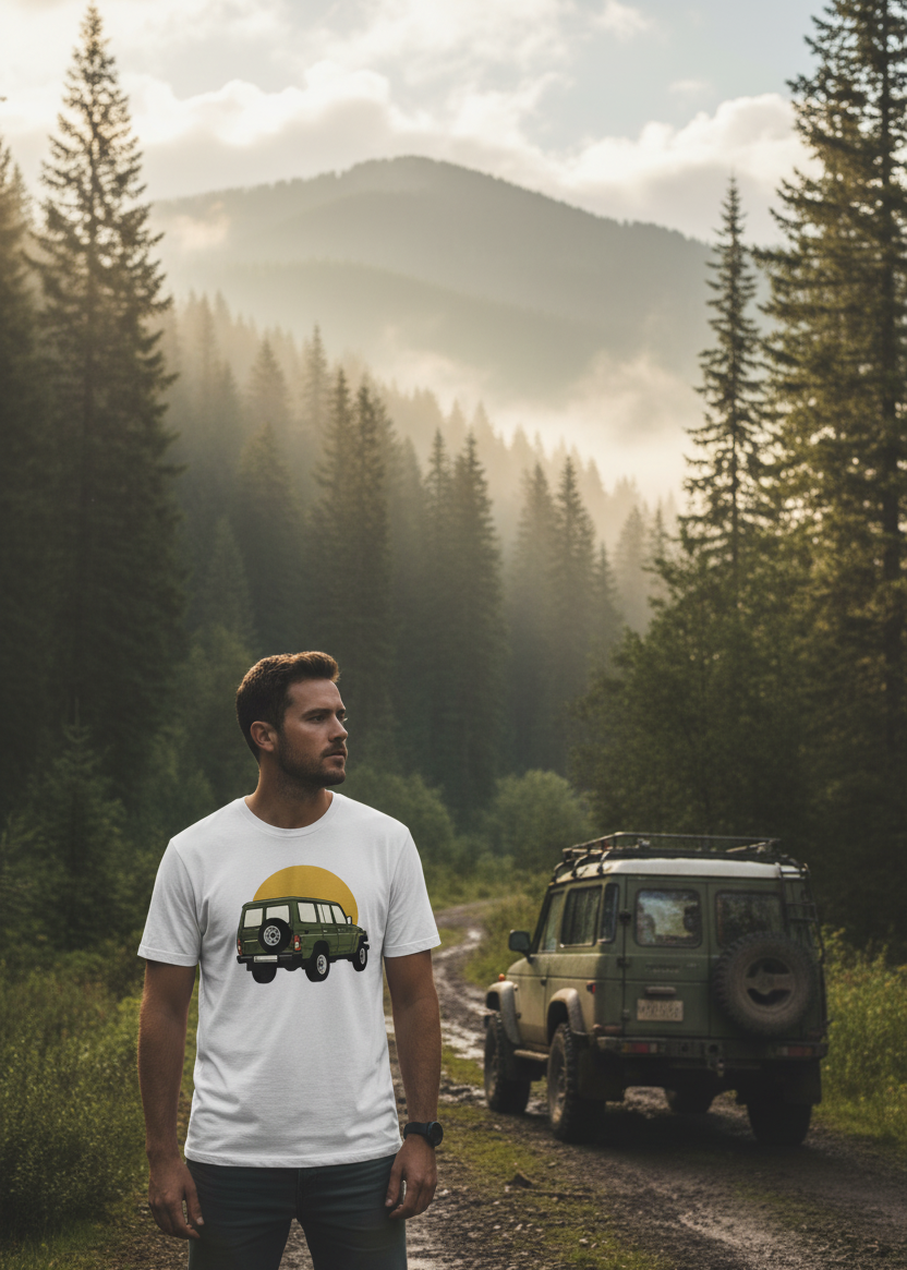 Model at forest edge with retro 4x4