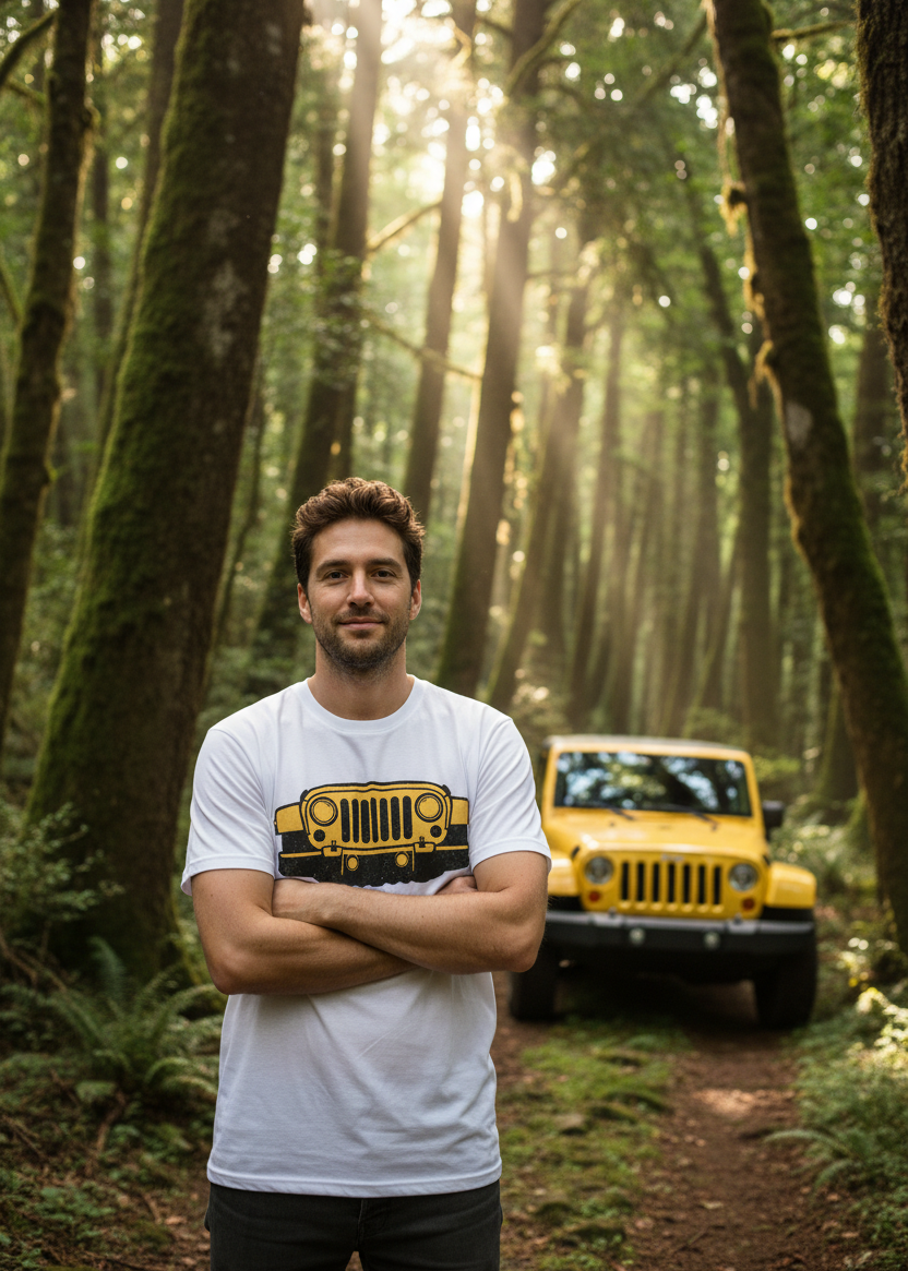 Model in forest with Jeep