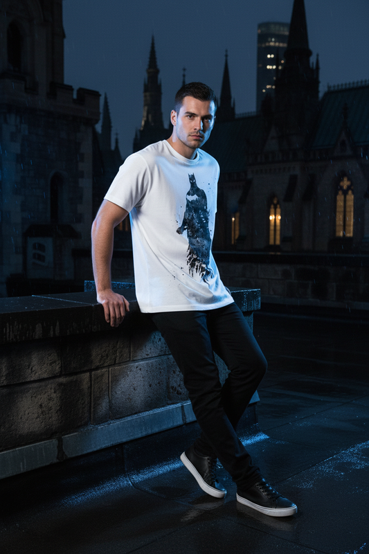 Model leaning casually on a rooftop wearing the white graphic T-shirt