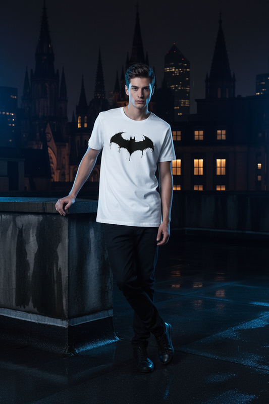 Model leaning on a rooftop wearing the white dripping bat graphic T-shirt