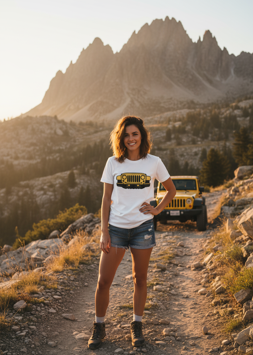 Model on mountain with Jeep