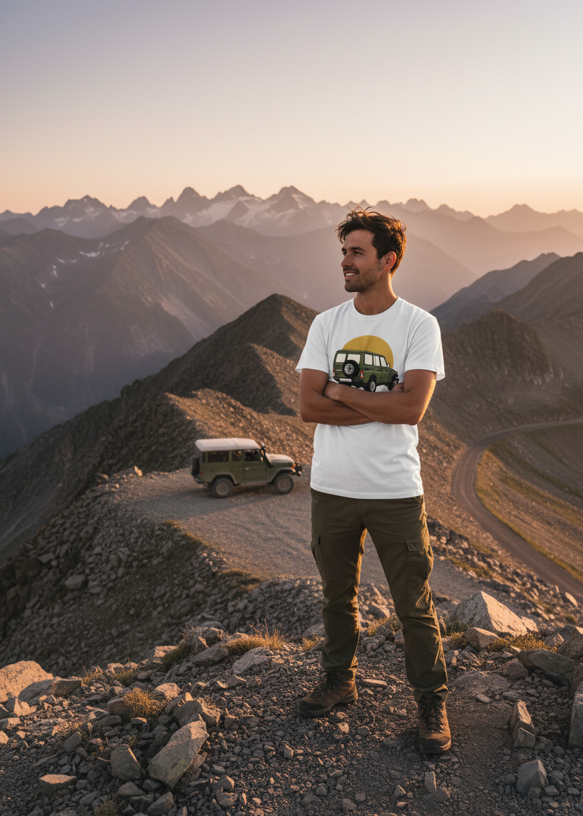 Model on mountain with retro 4x4