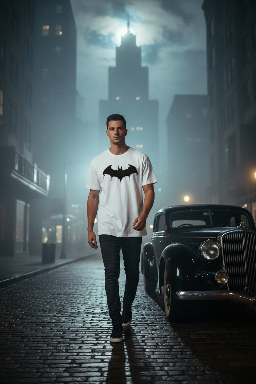 Model walking beside a black car wearing the white dripping bat graphic T-shirt