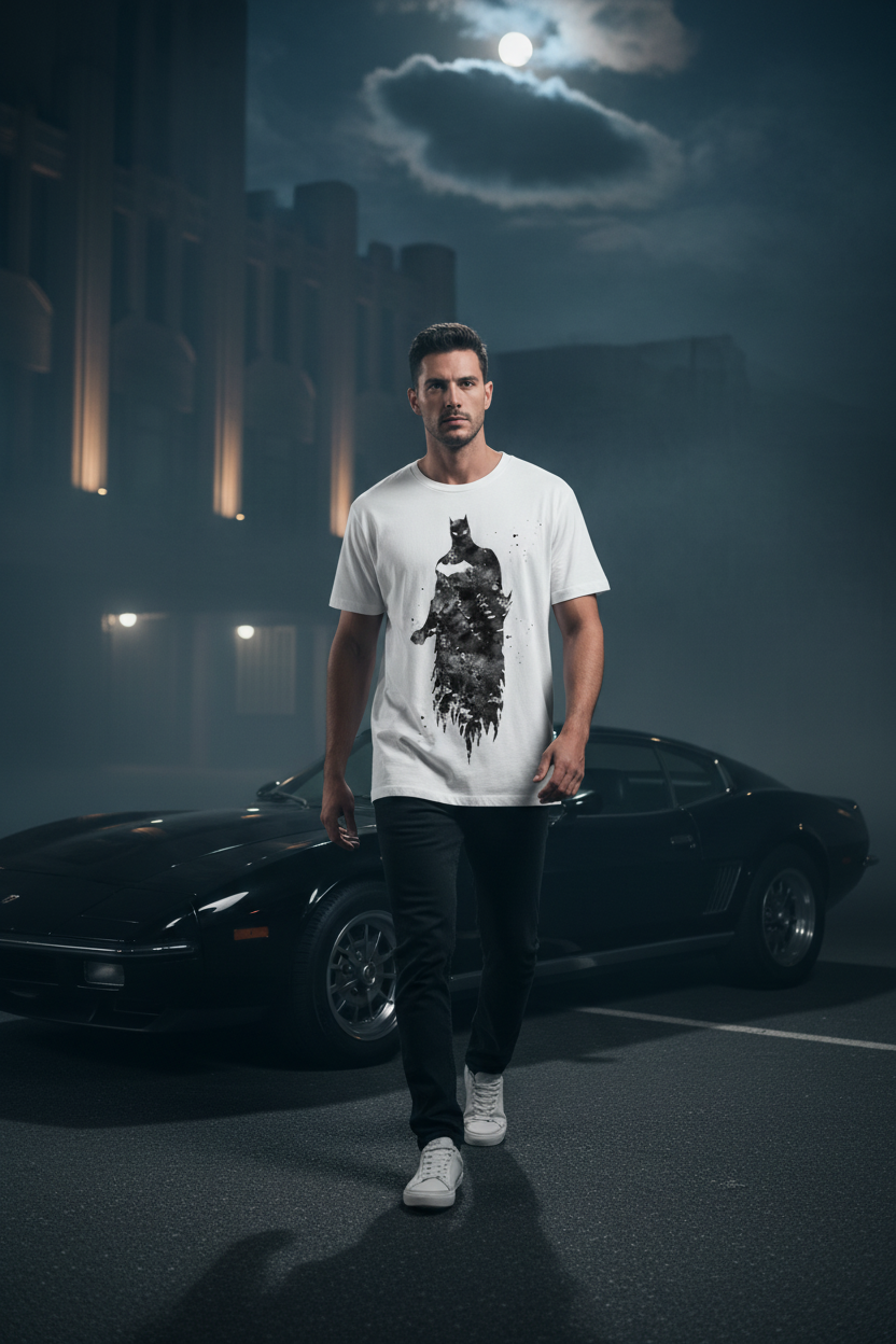Model walking beside a black car wearing the white graphic T-shirt