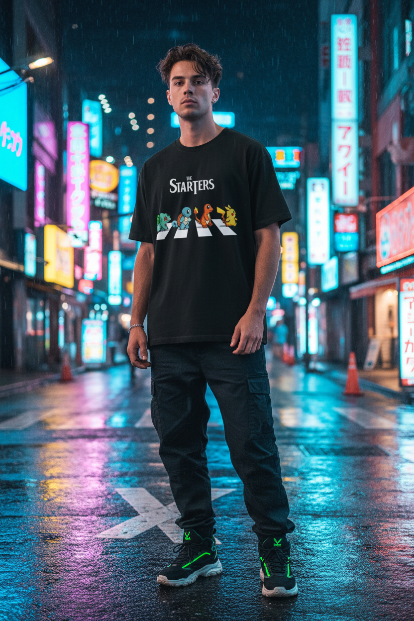 Pokemon Starters Tee – Male Model Neon Tokyo
