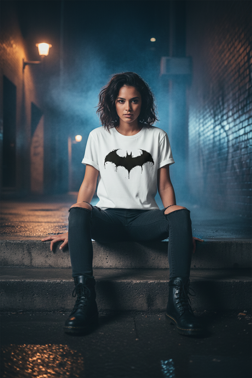 Seated model wearing the white dripping bat graphic T-shirt