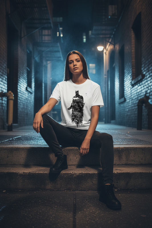 Seated model wearing the white graphic T-shirt in a noir alley