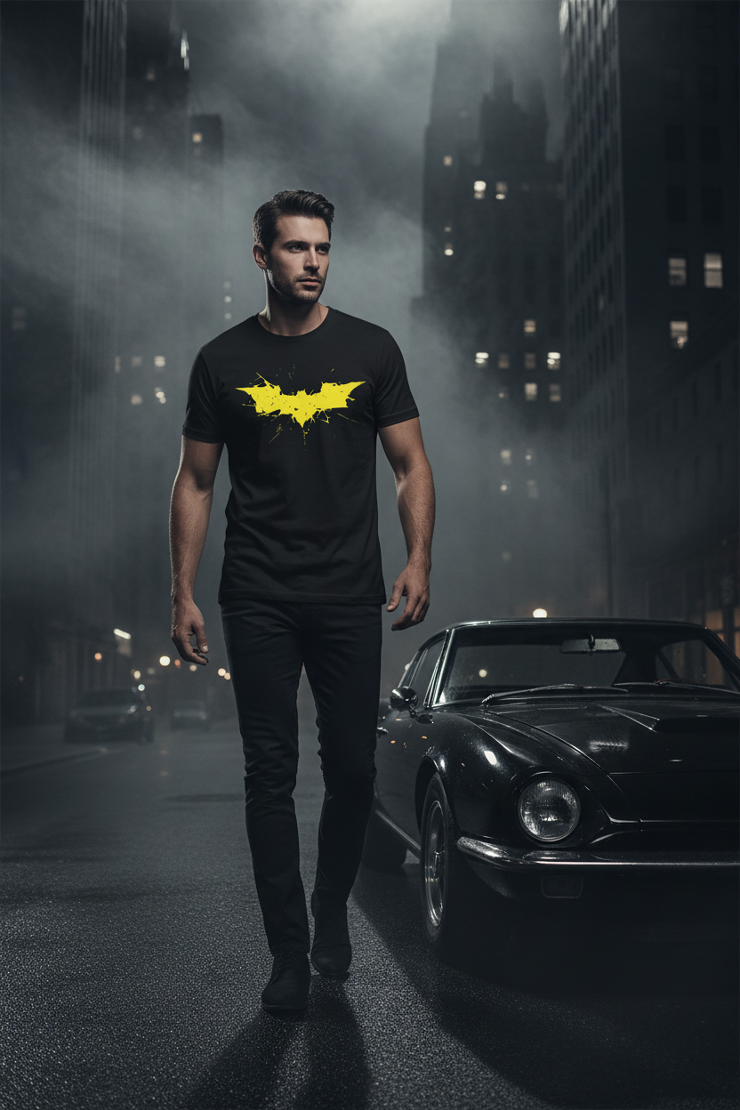 Streetwear model wearing the Batman B T-shirt beside a black car
